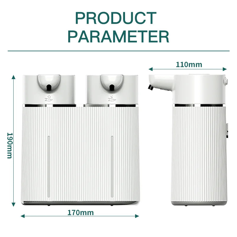 Distributeur de savon automatique sans contact, double tête Nesty, vues de face et de profil du distributeur avec cotes 190mm de haut, 170mm de large et 110mm de profondeur