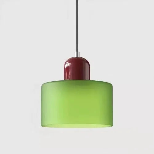 Suspension luminaire pour chevet et salle à manger, abat-jour cylindrique vert anis translucide et culot bordeaux (vue 27) - Nesty
