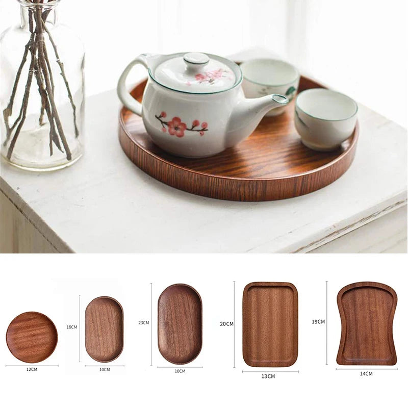 Plateau en bois de noyer, modèle japonais Nesty, plateau rond avec théière et tasses à motif fleur de prunier, schéma des formes et tailles disponibles