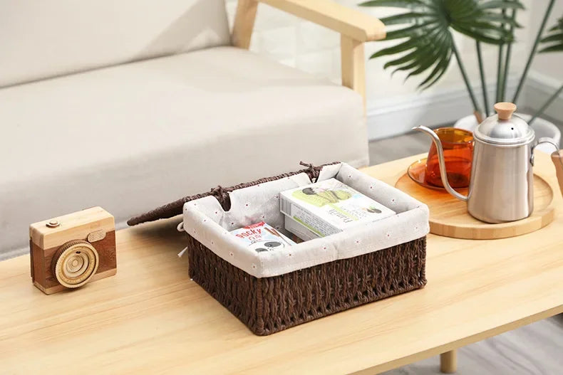 Boîte de rangement tressée en rotin avec couvercle et doublure amovible (vue 7) - Nesty