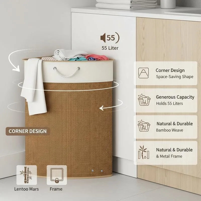 Panier à linge en rotin 55L Nesty - Caractéristiques illustrées, capacité 55 L, tressage bambou et armature métallique