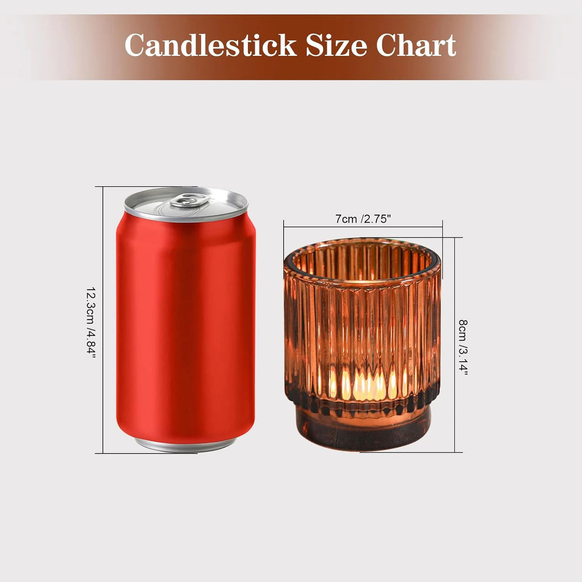 Photophores en verre ambré Nesty - Comparaison de taille avec une canette de soda, dimensions 7 x 8 cm, visuel Candlestick Size Chart