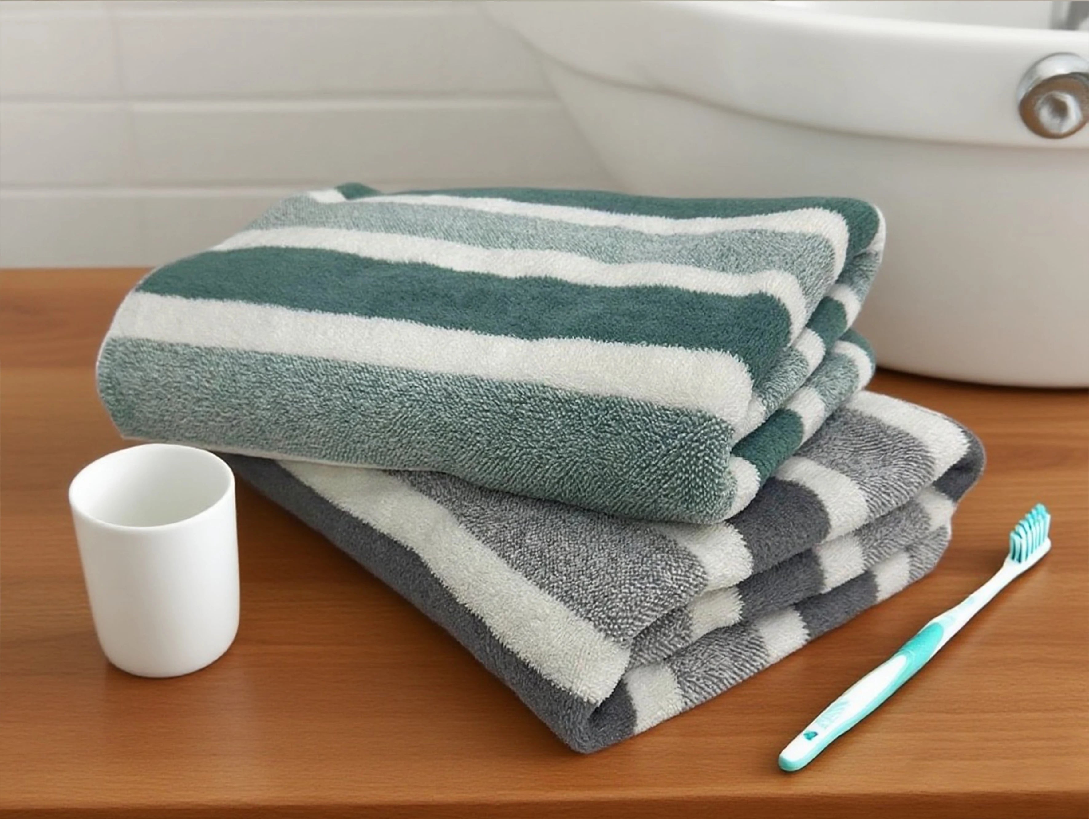 Serviette de bain rayée en polyester — épaisse et absorbante - Nesty (vue 1)