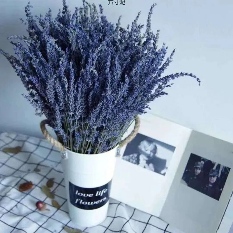Bouquet de lavande séchée dans un seau en métal blanc à anses en corde, sur une table - Nesty