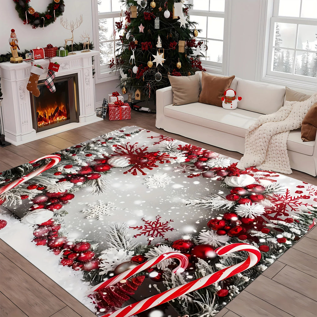 Tapis à motif de couronne de Noël rouge et blanche sur fond gris, posé dans un salon devant une cheminée et un sapin décoré.