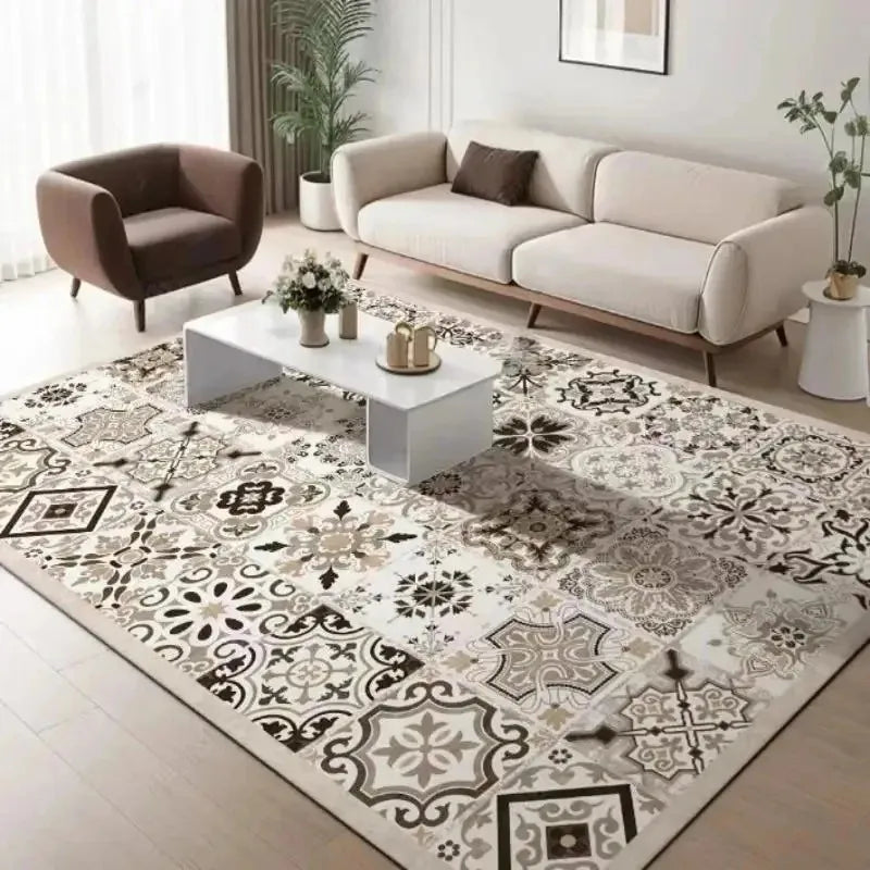 Tapis à motif oriental Nesty - Velours doux et lavable, motif carreaux de ciment marron et beige dans un salon moderne
