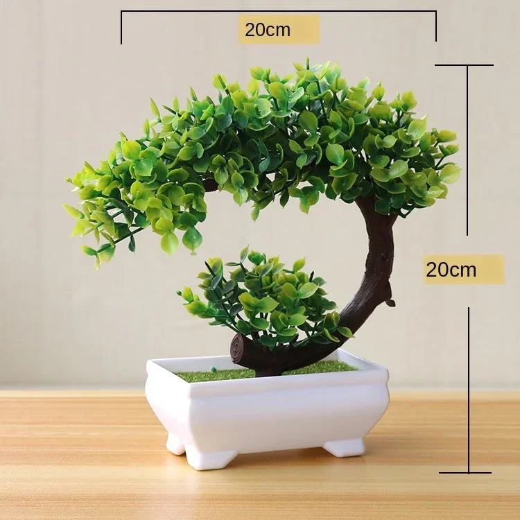 Bonsaï artificiel en pot, petit arbre pour maison et jardin, feuillage arrondi vert tendre sur tronc courbé, pot rectangulaire blanc, dimensions 20 x 20 cm (vue 22) - Nesty