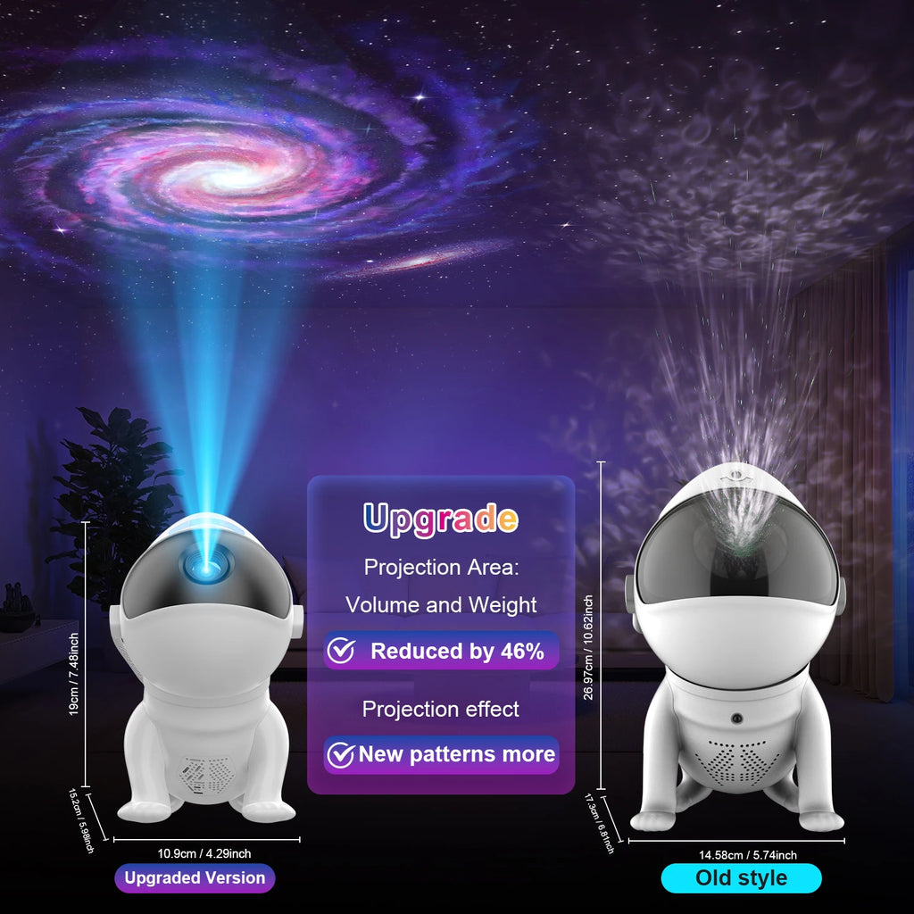 Projecteur veilleuse étoilé, effet galaxie pour chambre Nesty, comparaison de la nouvelle version compacte du projecteur robot (10,9cm) projetant une galaxie nette, contre l'ancien modèle plus grand (14,58cm) à la projection floue