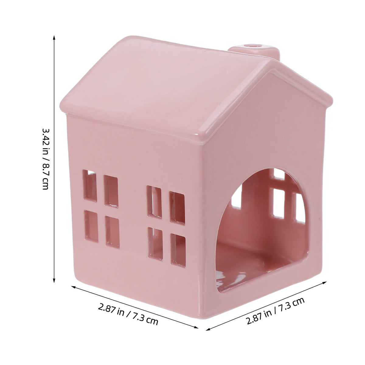 Photophore céramique rose forme maisonnette avec cheminée, façades à fenêtres ajourées, avec cotes techniques : 8,7 x 7,3 x 7,3 cm - Nesty