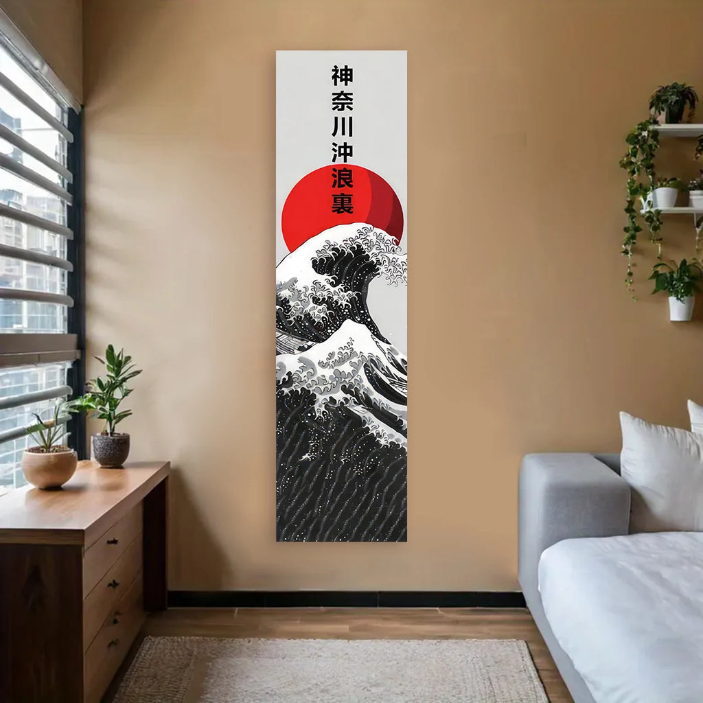Tapisserie murale vagues japonaises Nesty - Suspendue au-dessus d'une commode beige