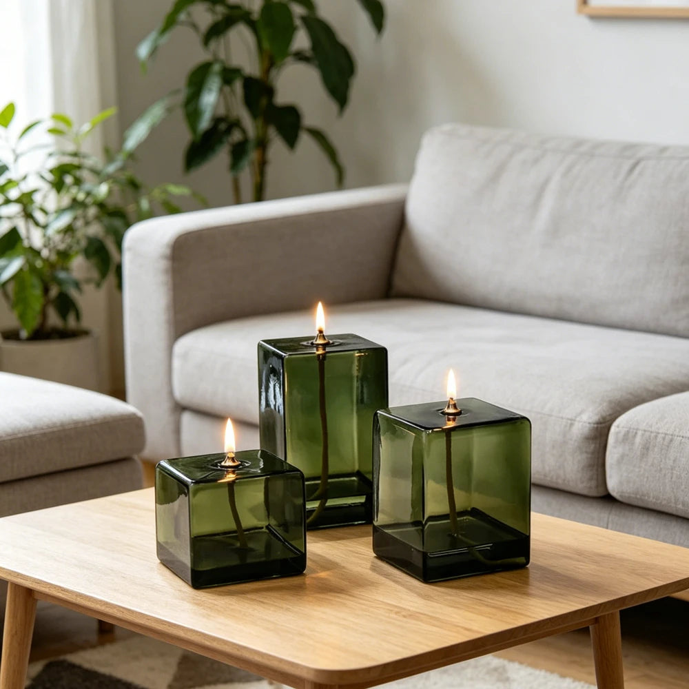 Lampe à huile en verre vert Nesty - Trois lampes cubiques en verre vert de tailles différentes, allumées sur une table basse en bois, salon avec canapé gris