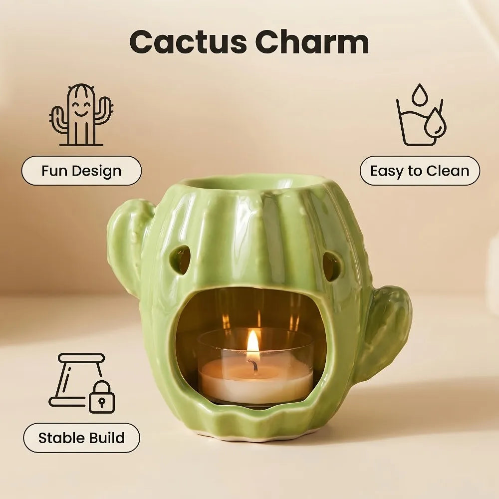 Diffuseur céramique cactus Nesty - Visuel publicitaire du modèle vert avec bougie allumée et pictogrammes Fun Design, Easy to Clean, Stable Build
