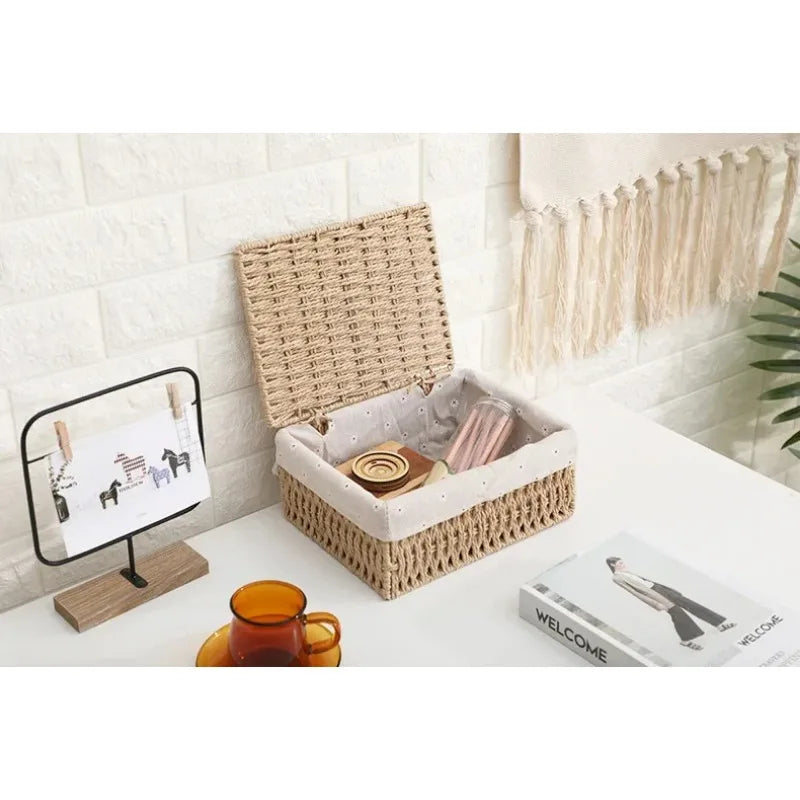 Boîte de rangement tressée en rotin avec couvercle et doublure amovible (vue 5) - Nesty
