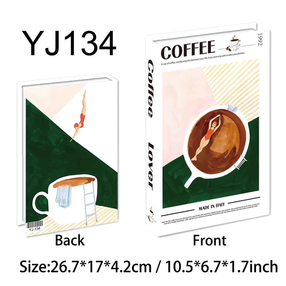 Faux livre décoratif boîte de rangement style nordique, couverture Coffee Lover, illustration de tasse de café en vert et rose (vue 49) - Nesty