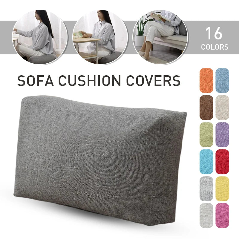 Housse de coussin rectangulaire en coton et lin, style nordique uni Nesty, trois vignettes d'usage du coussin cale dossier (posture assise, lecture, détente sur canapé), texte "Sofa Cushion Covers, 16 colors" avec nuancier complet