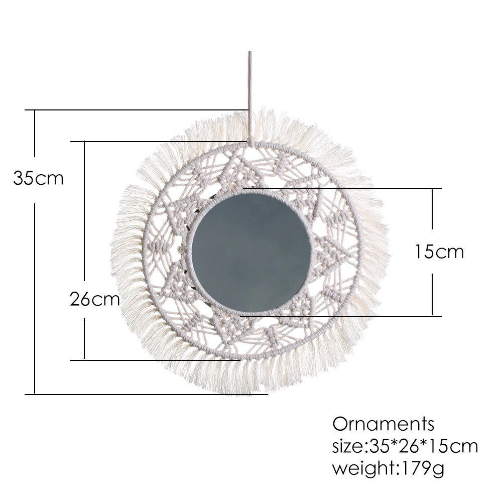 Miroir mural macramé rond à franges, suspendu, avec cotes techniques : 35 x 26 x 15 cm, poids 179 g - Nesty