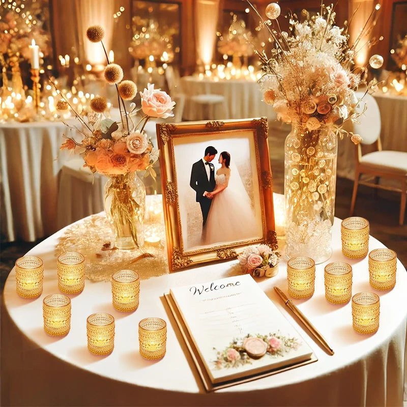 Photophore rond en verre gravé Nesty - Rangée dorée disposée autour d'un livre d'or de mariage