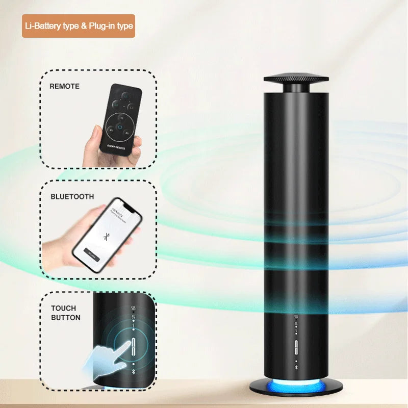 Diffuseur d'arôme en métal Nesty - Colonne noire avec commandes télécommande, Bluetooth et bouton tactile