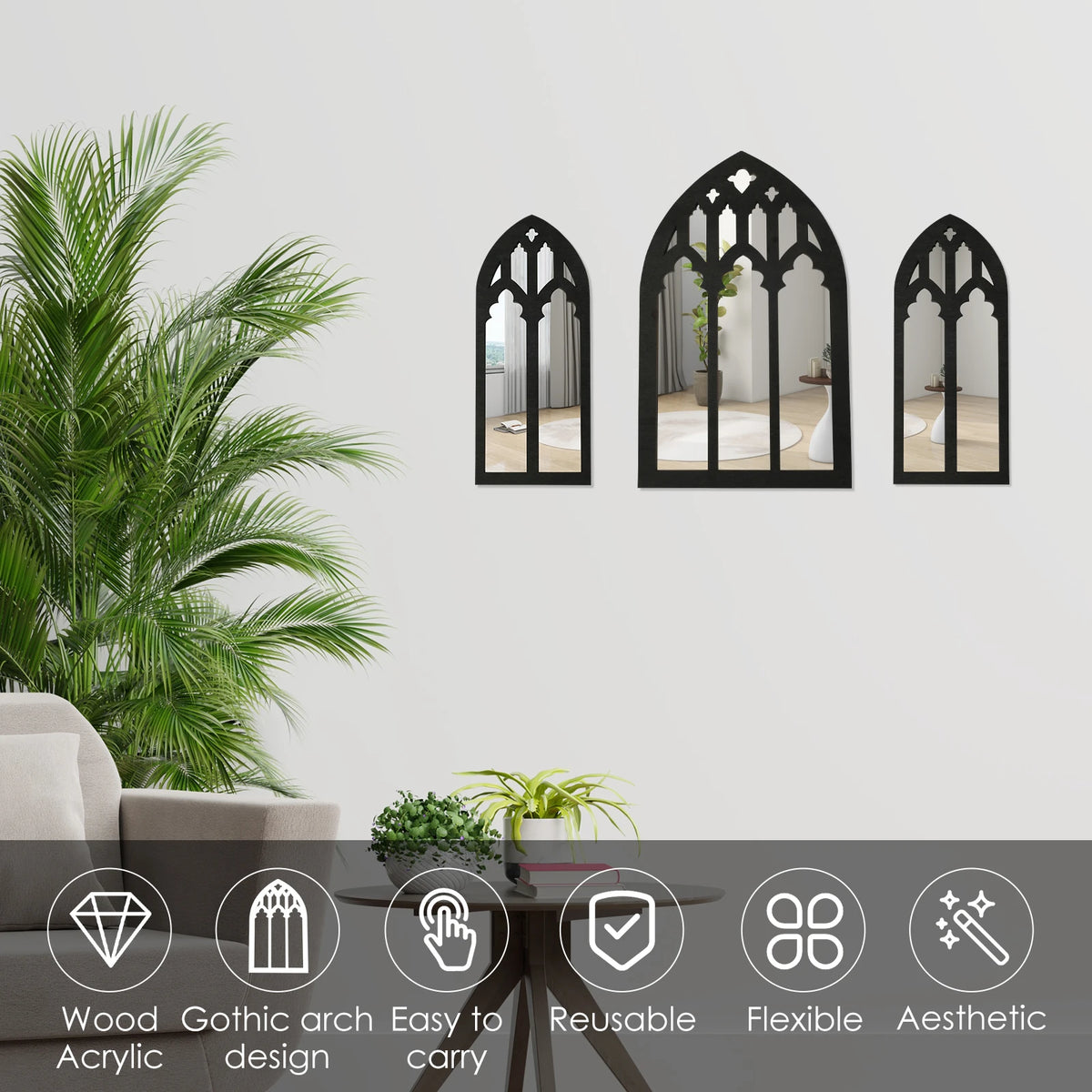 Set de miroirs muraux cintrés — vitraux décoratifs - Nesty, les 3 miroirs accrochés sur un mur au-dessus d'une plante verte et d'une table d'appoint