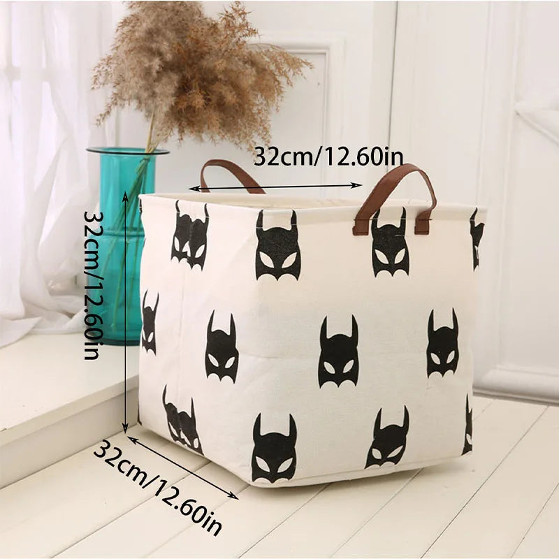 Panier de rangement pliable en lin Nesty - Motif masques de super-héros noir sur blanc, dimensions 32 x 32 x 32 cm