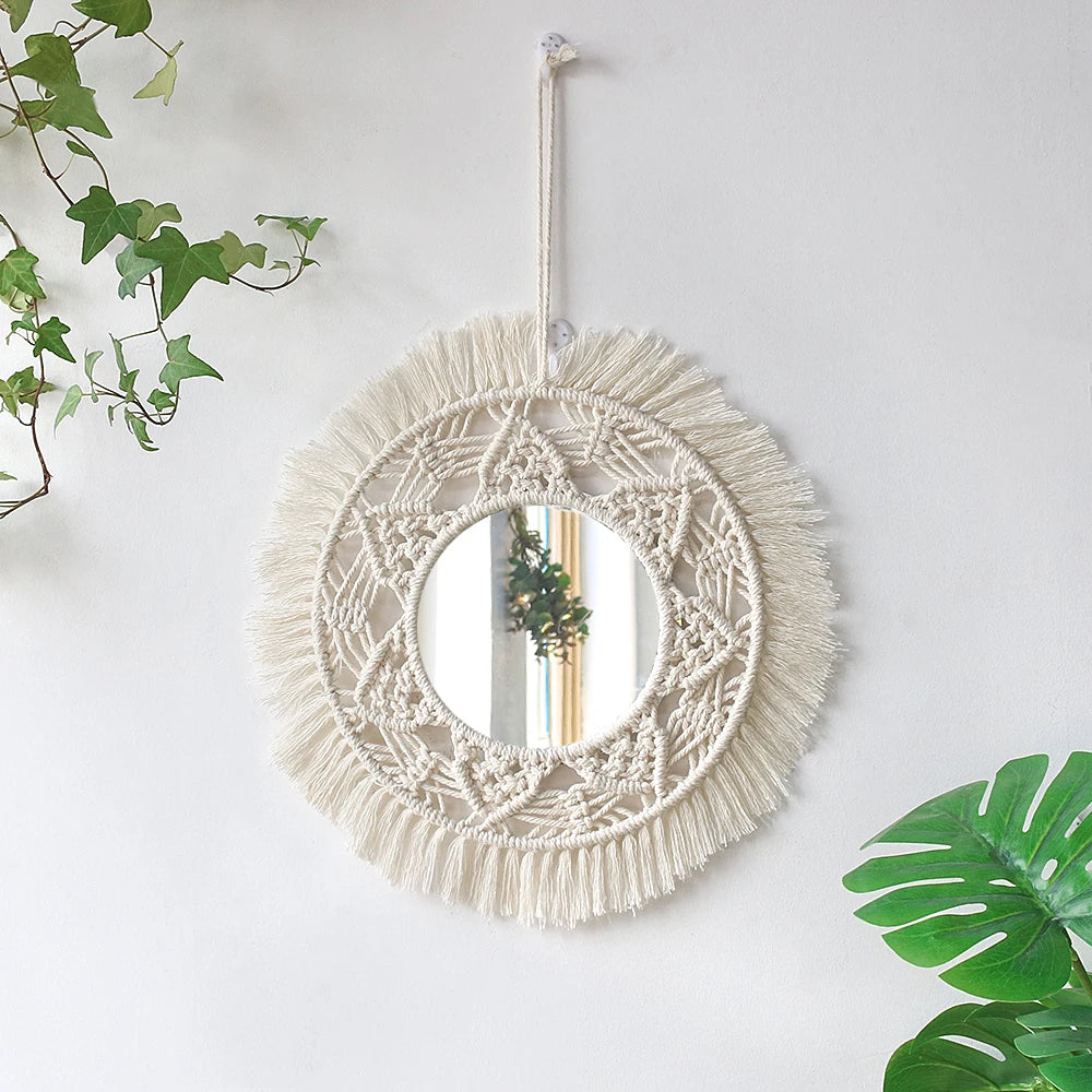 Miroir mural macramé rond, cadre tressé esprit maquillage (vue 14) - Nesty
