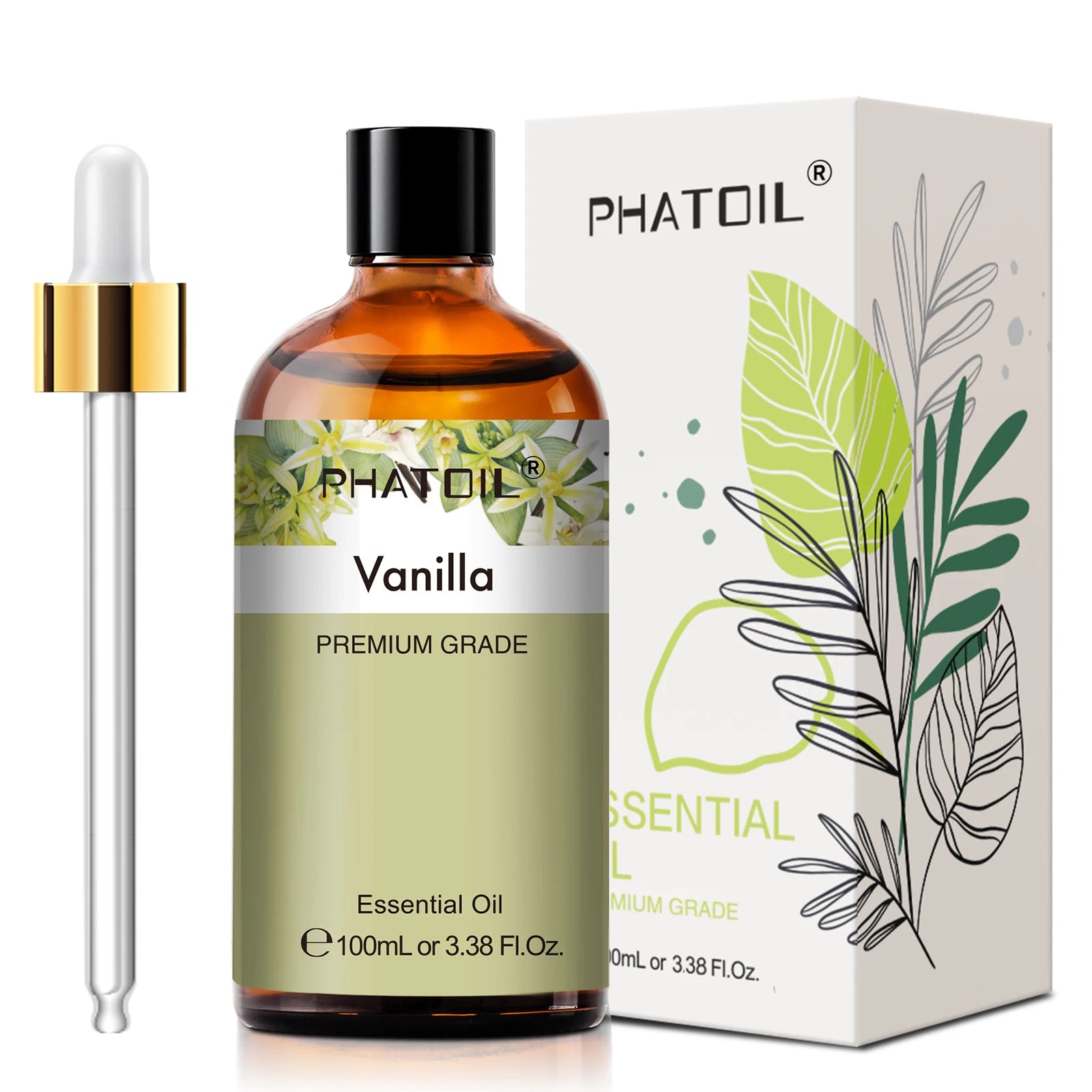 Huile essentielle eucalyptus Nesty - Flacon Vanille PHATOIL avec compte-gouttes et étui décoré de fleurs