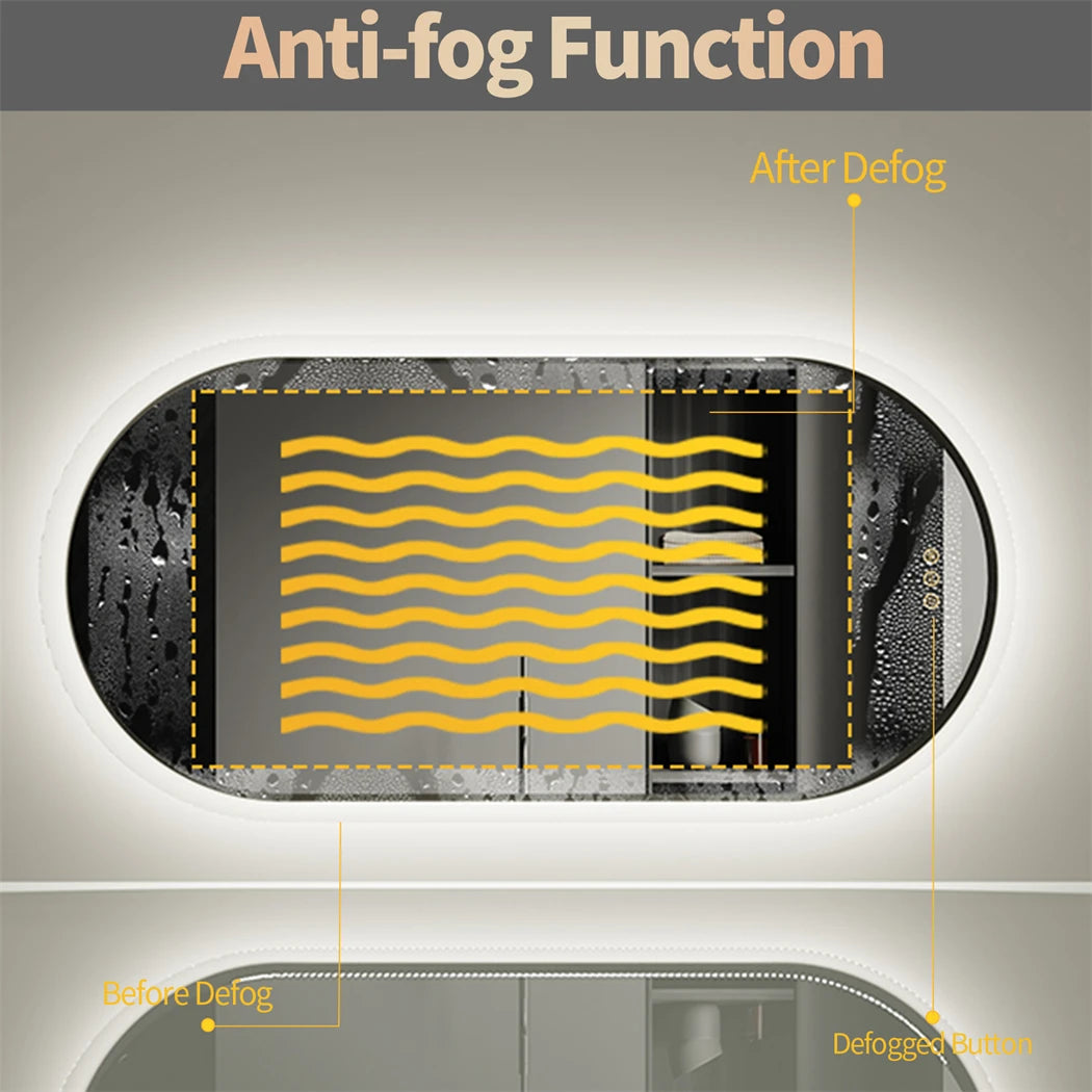 Miroir de salle de bain ovale LED Nesty - Démonstration de la fonction anti-buée avant/après (contenu en anglais)