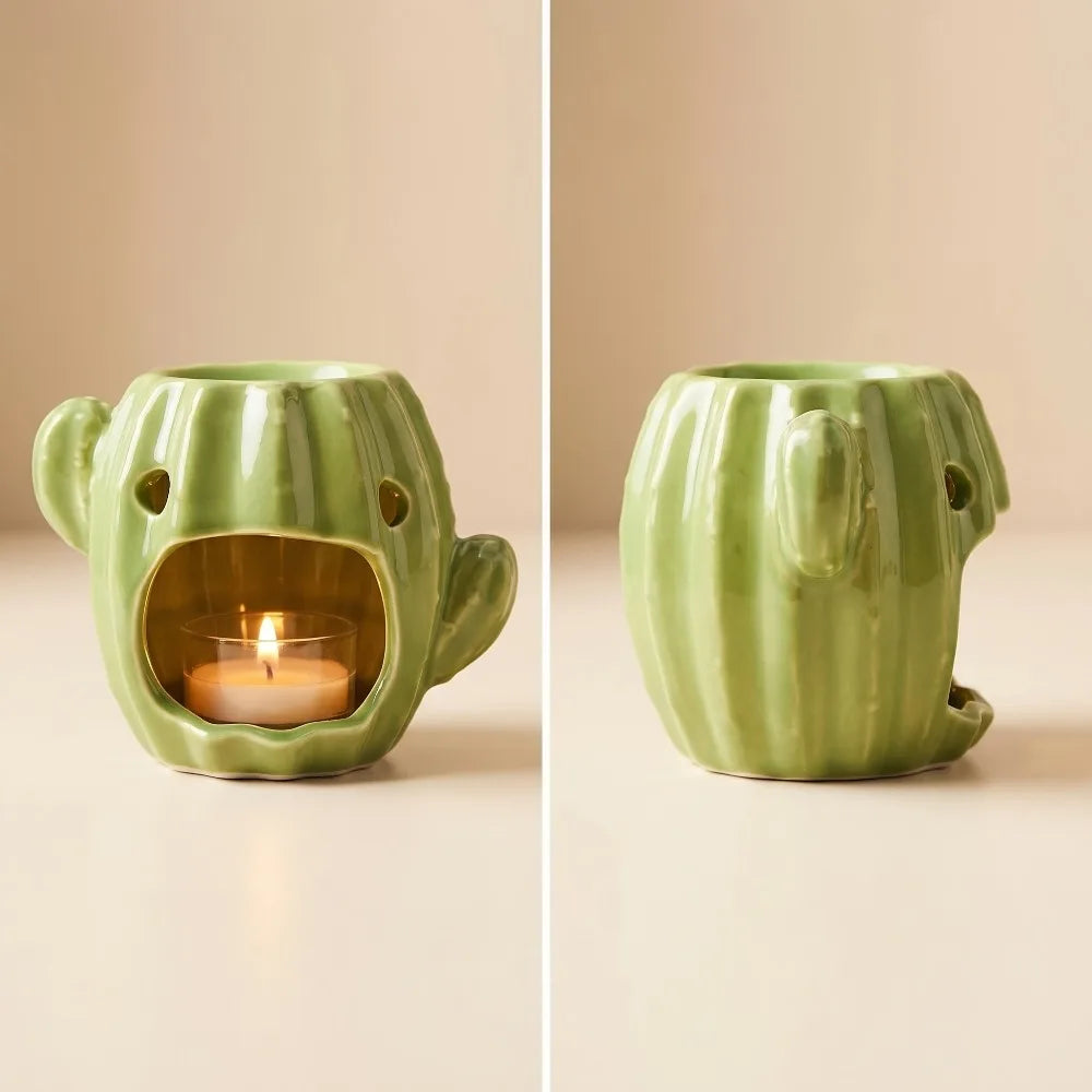 Diffuseur céramique cactus Nesty - Vue de face avec bougie allumée et vue arrière sans ouverture