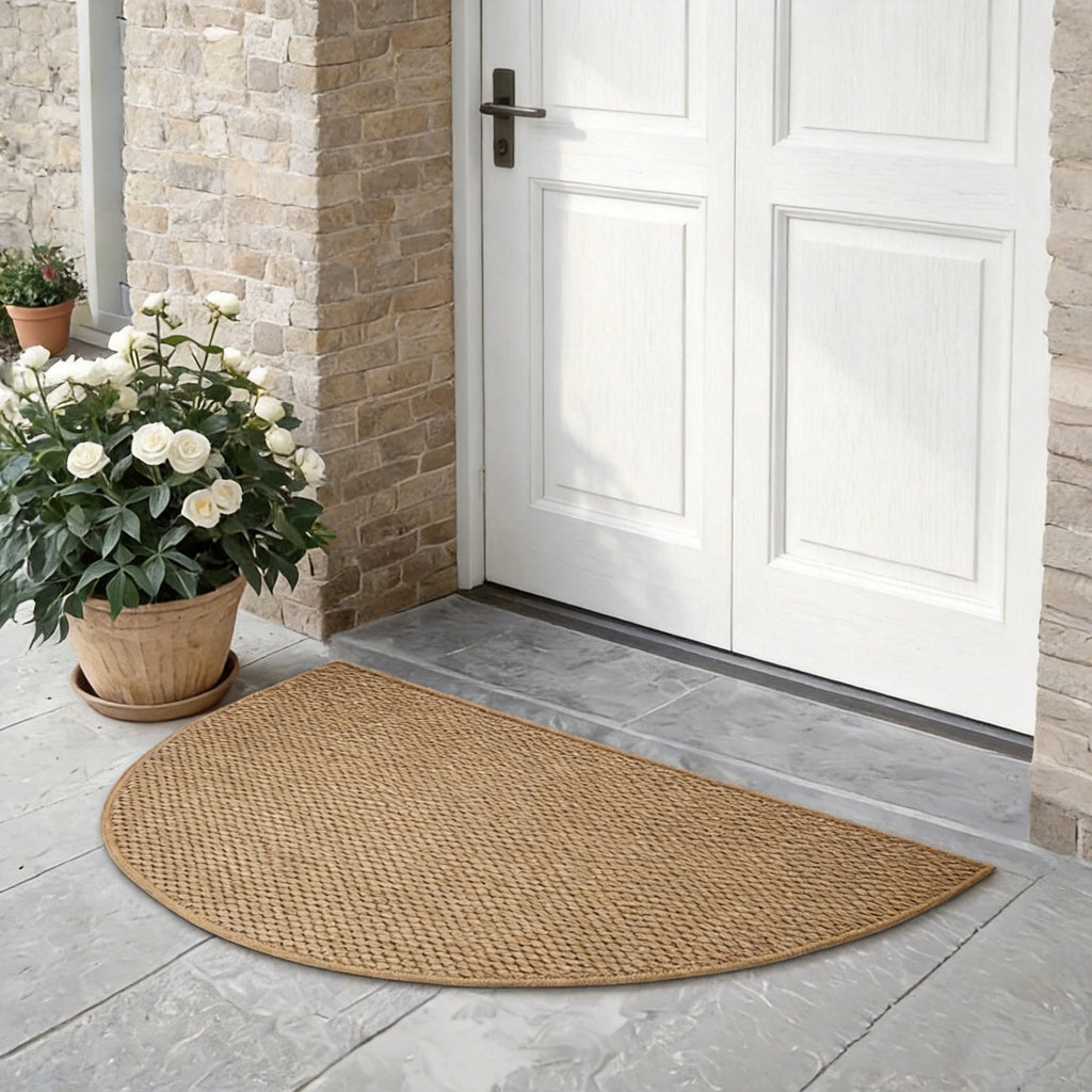 Tapis effet jute tressé en demi-lune posé devant une porte d'entrée blanche, avec pot de fleurs blanches - Nesty