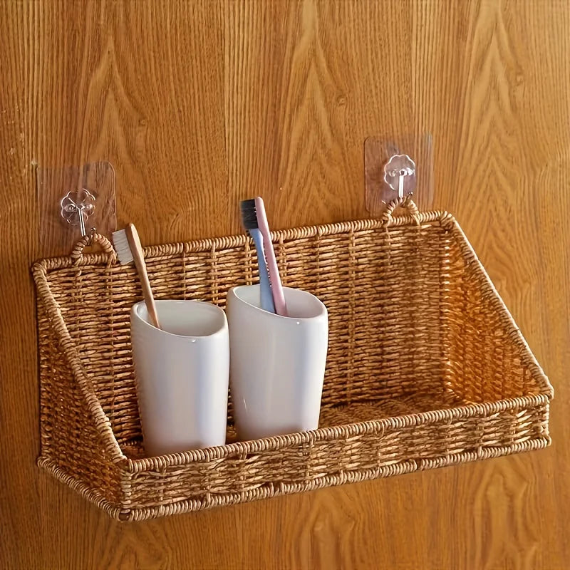 Panier mural tressé en rotin avec crochets, rangement rustique - Nesty (vue 4)