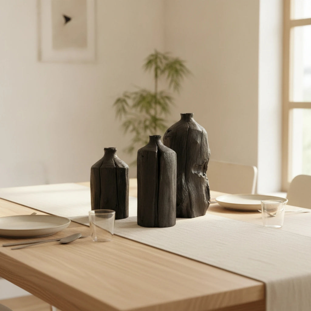 Trio de vases en bois sculpté, style wabi-sabi Nesty, trois tailles noires texturées sur une table dressée avec assiettes et verres