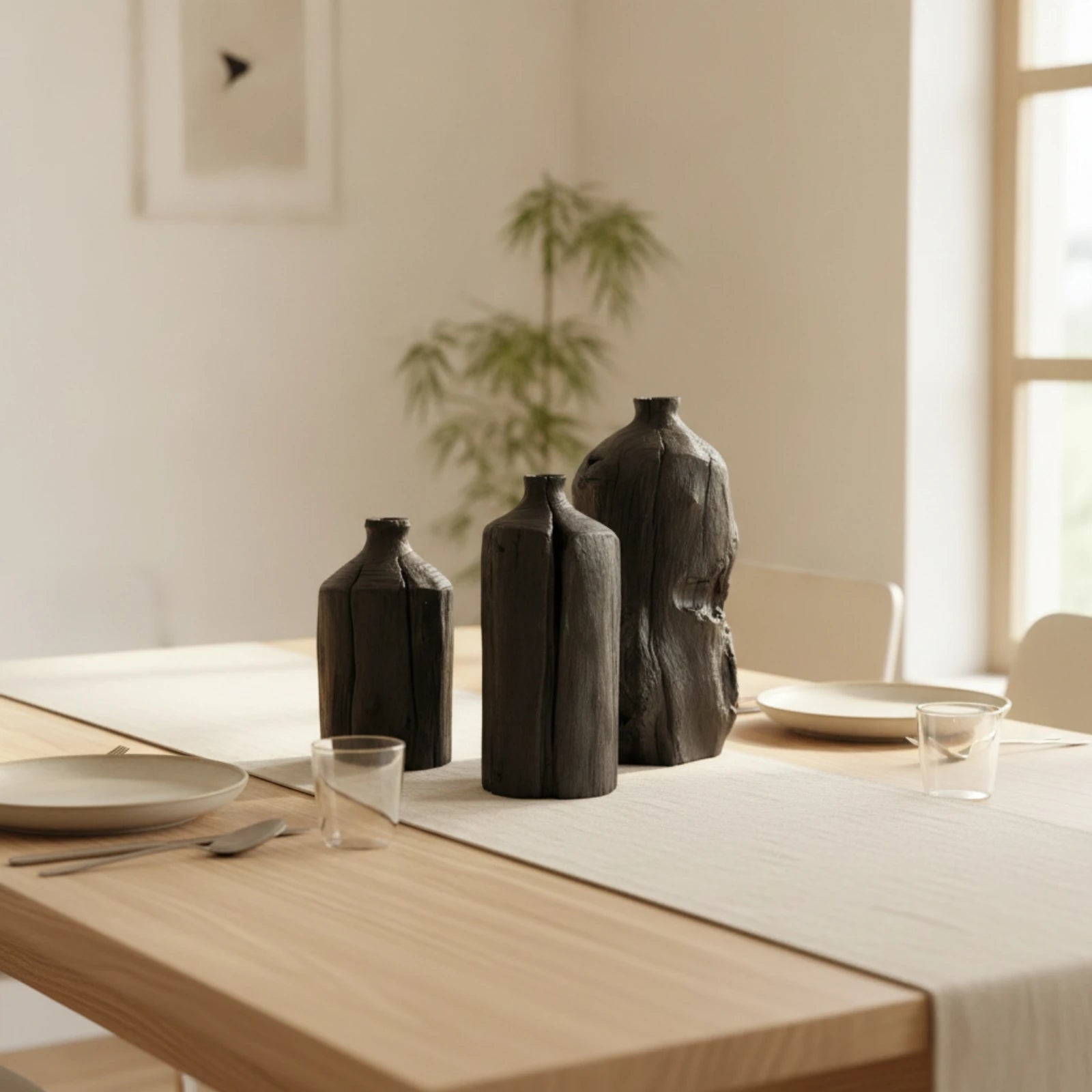 Trio de vases en bois sculpté, style wabi-sabi Nesty, trois tailles noires texturées sur une table dressée avec assiettes et verres