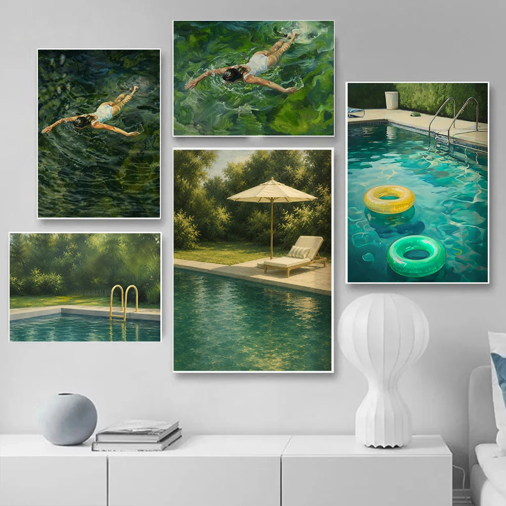 Toile imprimée nageuse et bassin Nesty - Composition murale de cinq tableaux de nageuse et piscine aux tons verts