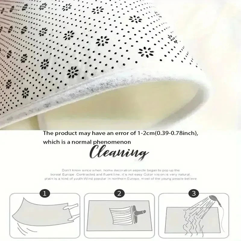 Paillasson, gros plan sur l'envers en microfibre à motif pois et fleurs, instructions d'entretien - Nesty