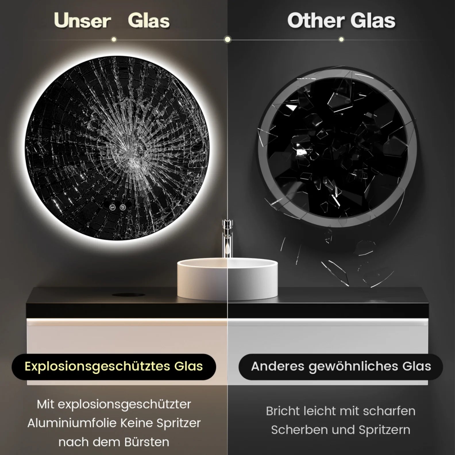Miroir de salle de bain rond LED Nesty - Comparaison verre antichoc contre verre ordinaire brisé
