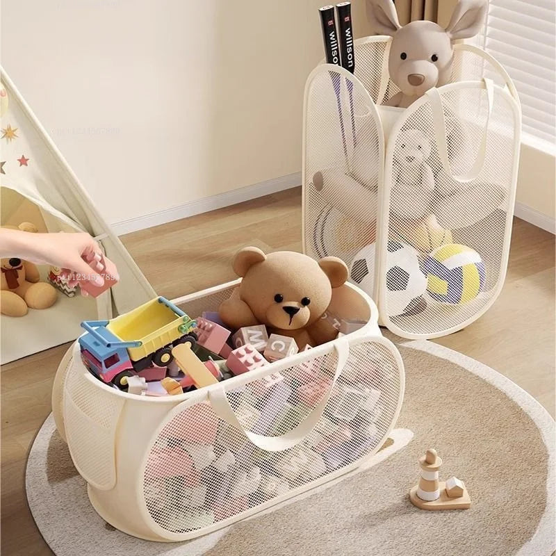 Panier de rangement 2-en-1 pour jouets et linge, grand format Nesty, deux paniers verticaux garnis de ballons et peluches, panier horizontal rempli à la main, tapis rond