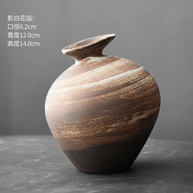 Vase en terre cuite noire, effet pierre brute Nesty, vase rond brun à effet balayé, col évasé, fiche produit en chinois avec dimensions