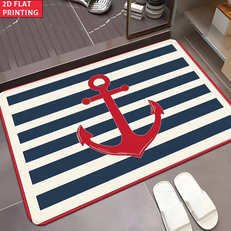 Paillasson marin à rayures bleu marine et blanc, motif ancre rouge, bordure rouge, avec chaussons blancs - Nesty