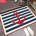 Paillasson marin à rayures bleu marine et blanc, motif ancre rouge, bordure rouge, avec chaussons blancs - Nesty