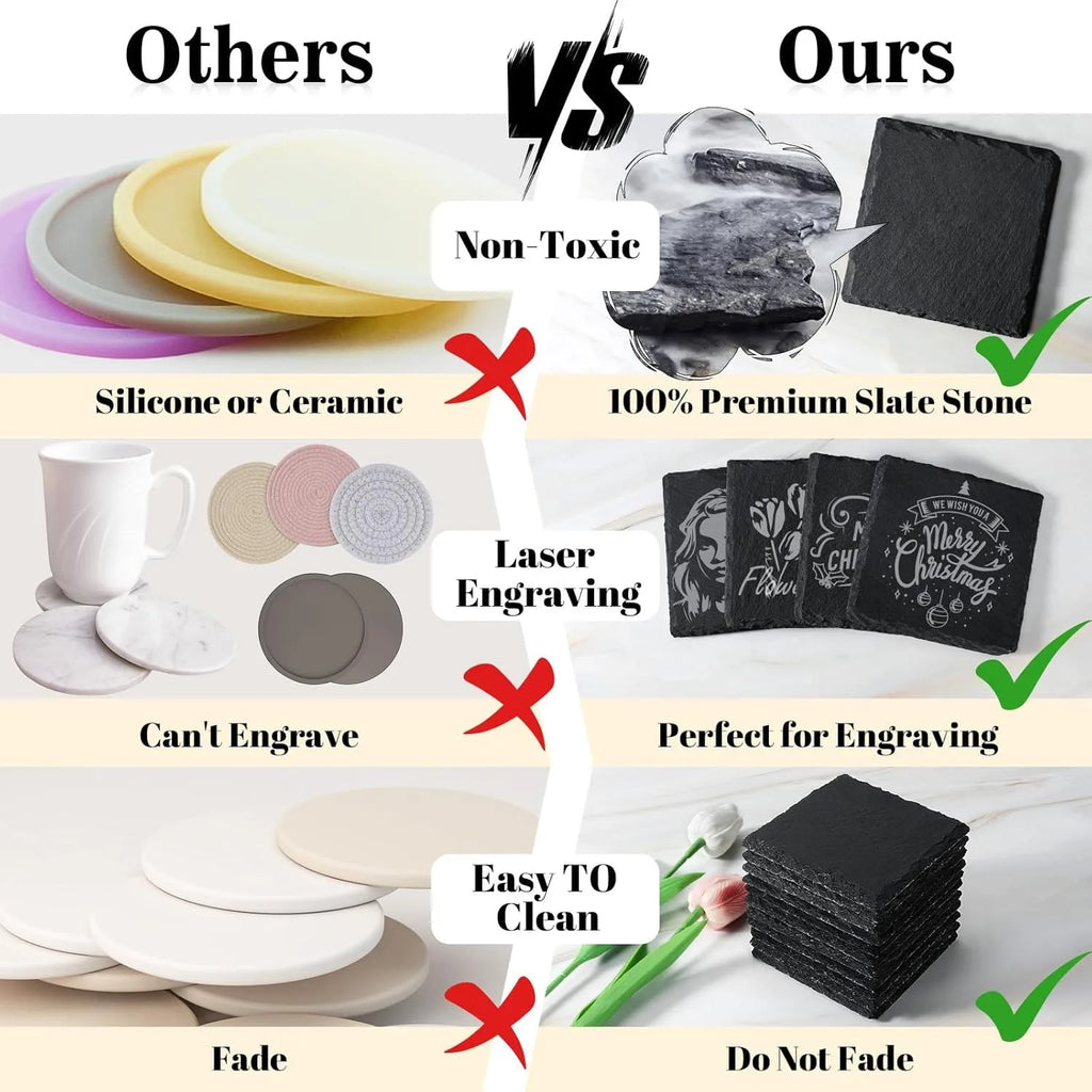 Comparatif dessous de verre en ardoise : pierre naturelle non toxique, gravure laser personnalisable, facile à nettoyer et inaltérable - Nesty