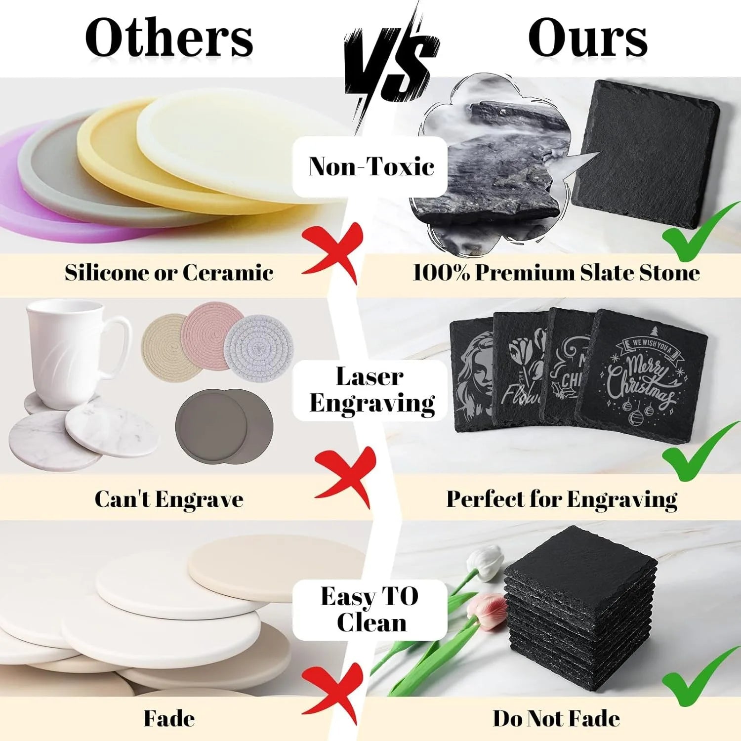 Comparatif dessous de verre en ardoise : pierre naturelle non toxique, gravure laser personnalisable, facile à nettoyer et inaltérable - Nesty
