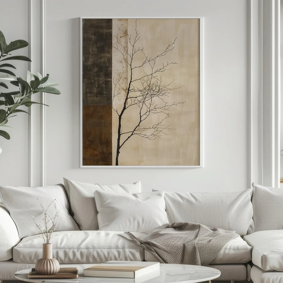 Toile imprimée arbre abstrait wabi-sabi Nesty - Affiche encadrée accrochée au-dessus d'un canapé beige clair avec plaid