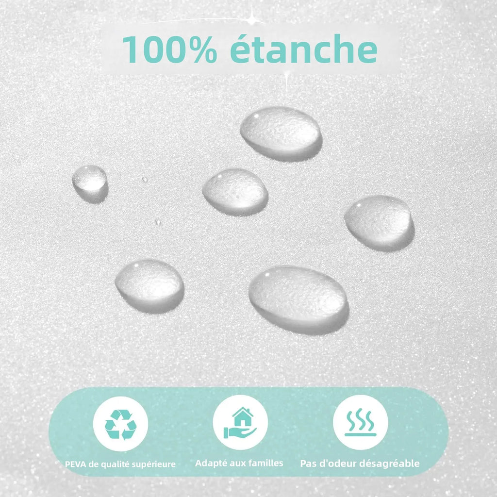Doublure de rideau de douche en PEVA Nesty - Gouttes d'eau sur la surface givrée, illustrant l'étanchéité totale