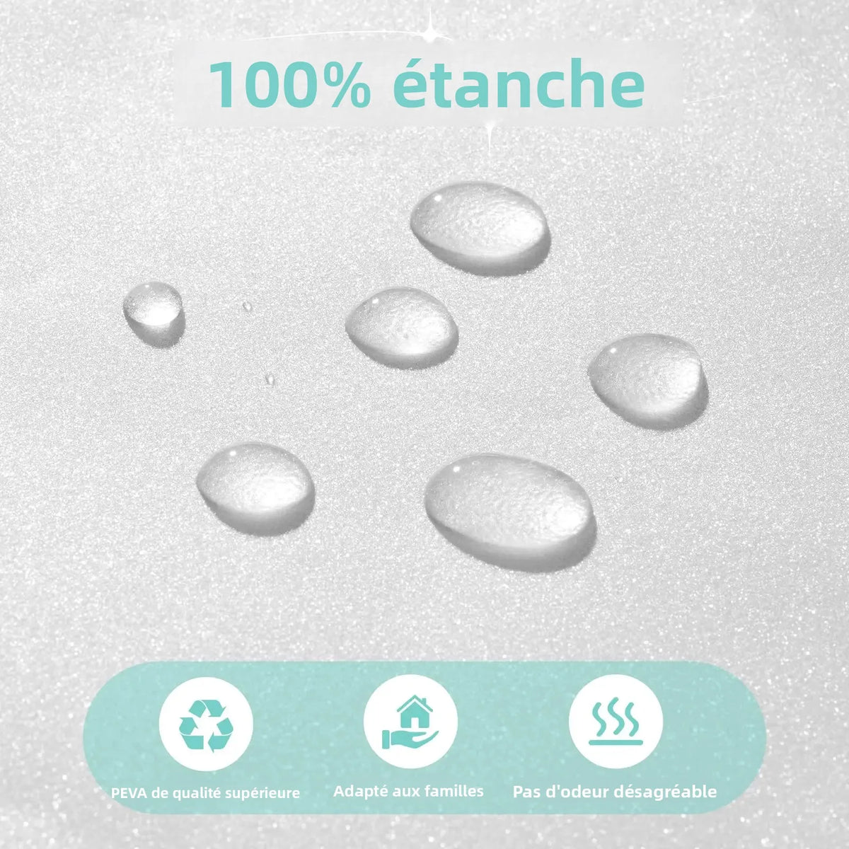 Doublure de rideau de douche en PEVA Nesty - Gouttes d'eau sur la surface givrée, illustrant l'étanchéité totale