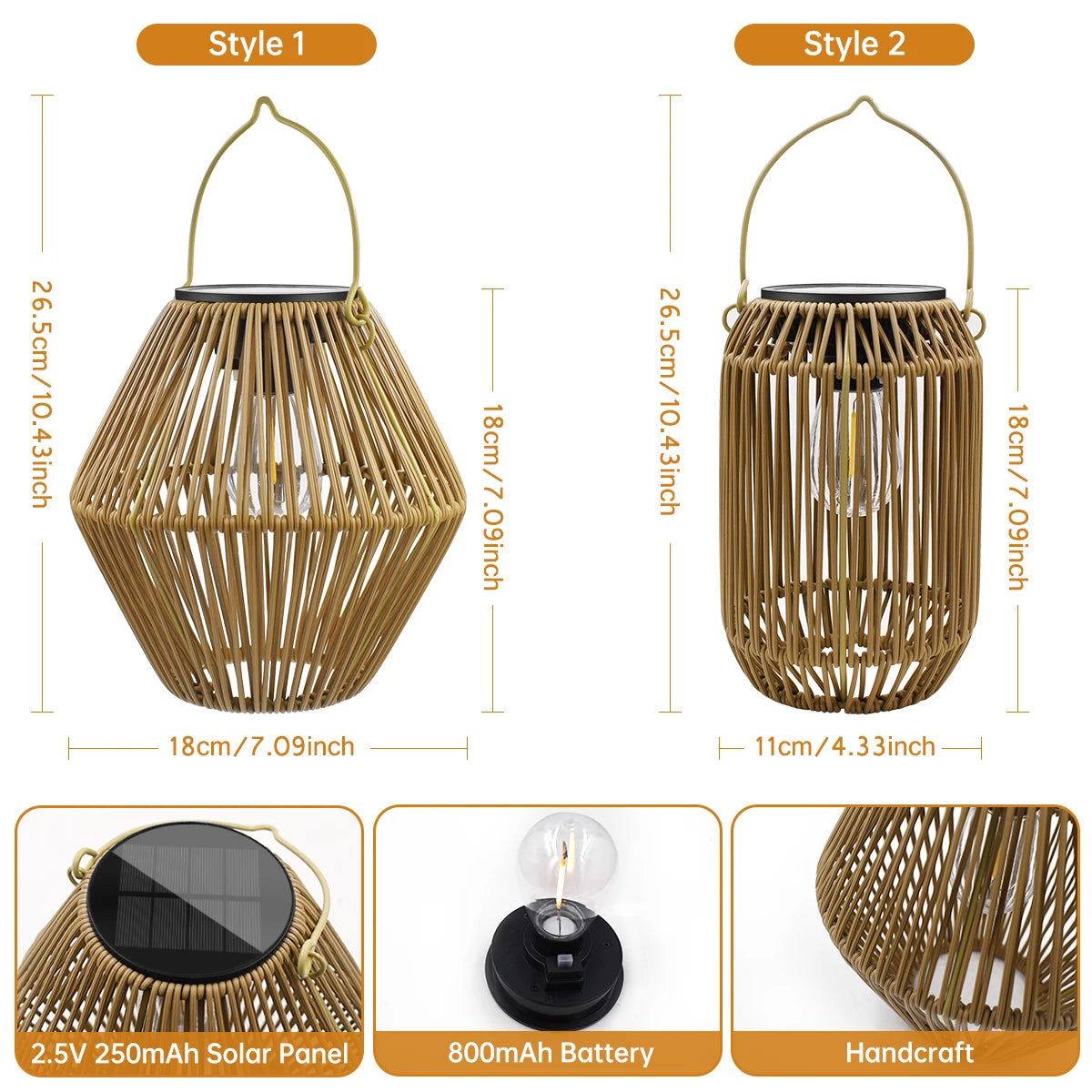 Lanternes solaires bohèmes Nesty - Deux styles disponibles avec dimensions et détails du panneau solaire et de la batterie
