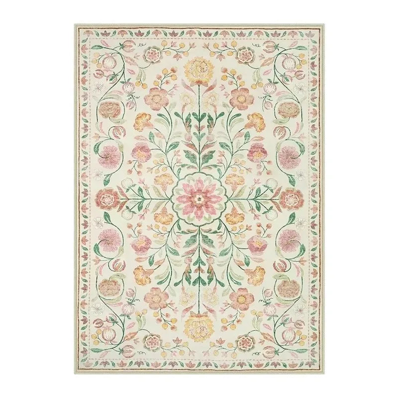 Tapis fleuri bohème rose Nesty - Flanelle douce, médaillon floral central rose, jaune et vert sur fond ivoire