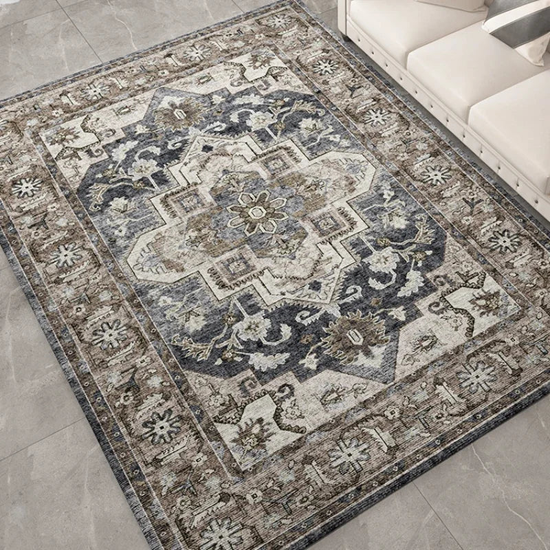 Tapis à médaillon central de style persan, tons gris, bleu marine et beige, posé au sol devant un canapé blanc.