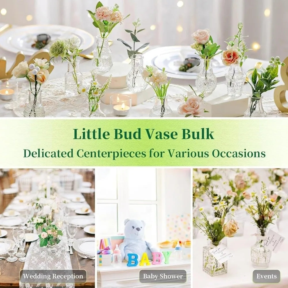 Lot de 10 mini vases en verre transparent, relief rétro Nesty, mise en situation sur une table de mariage avec de nombreux mini vases garnis de fleurs variées