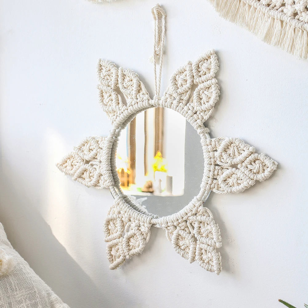 Miroir mural rond macramé blanc, 25 cm, décoration bohème (vue 9) - Nesty