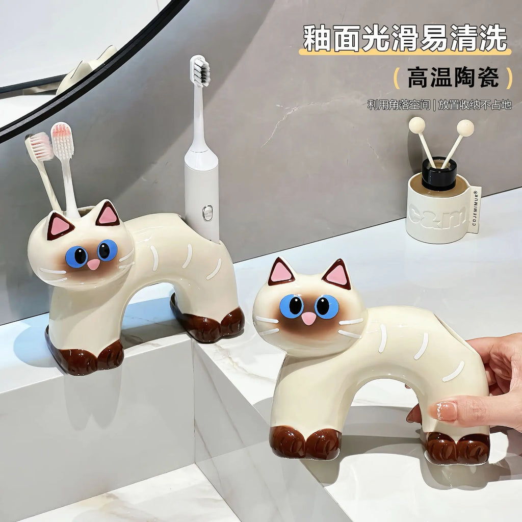 Ceramic Coal Ball Siamese Cat Toothbrush Holder Bathroom Toothpaste Storage Rack - Nesty (vue 2)